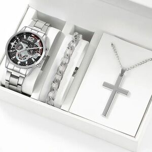 Geneva Men’s Stainless Classic Watch + Bracelet + Cross Necklace Set